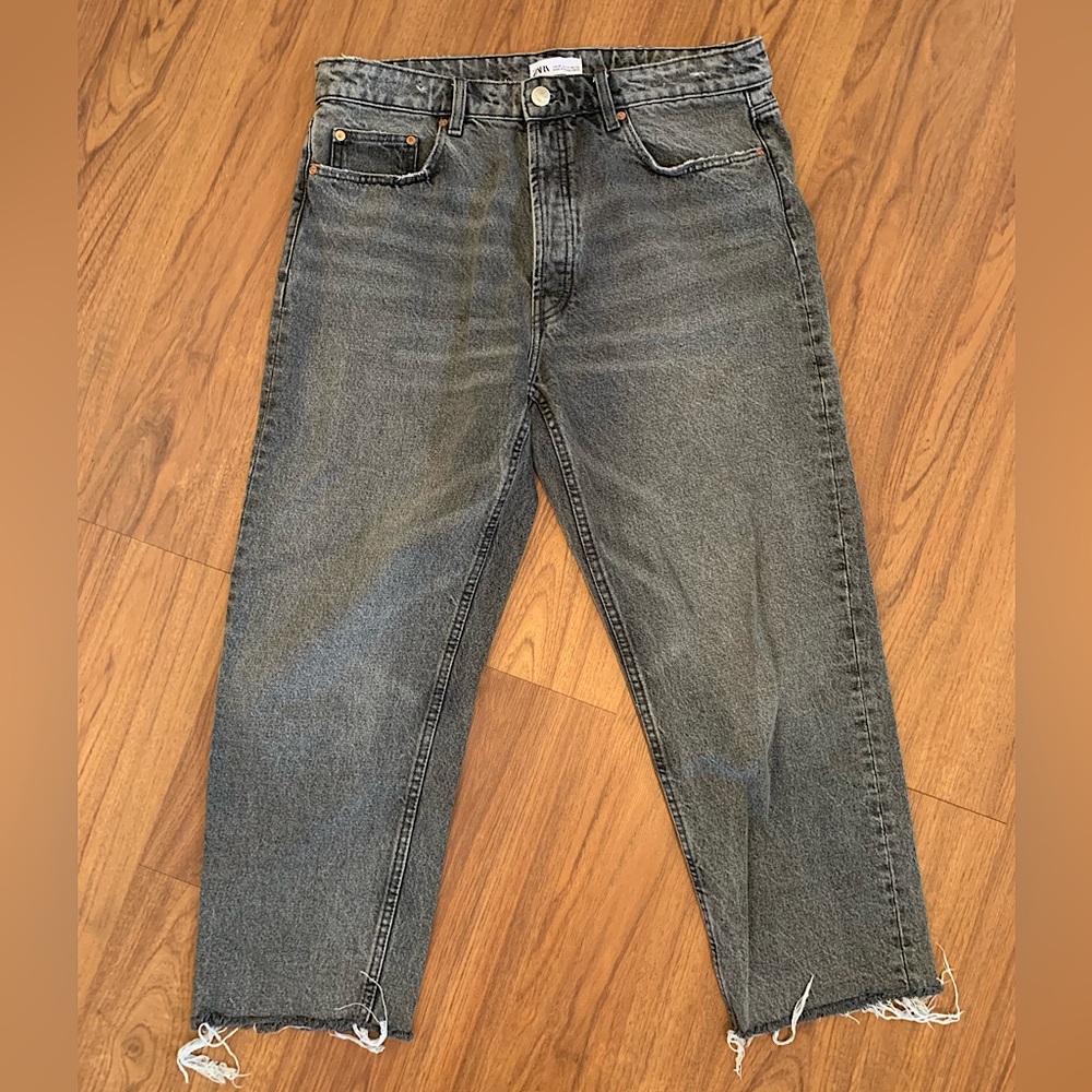 ZARA grey black dark high rise wide leg distressed hem denim jean 100% cotton